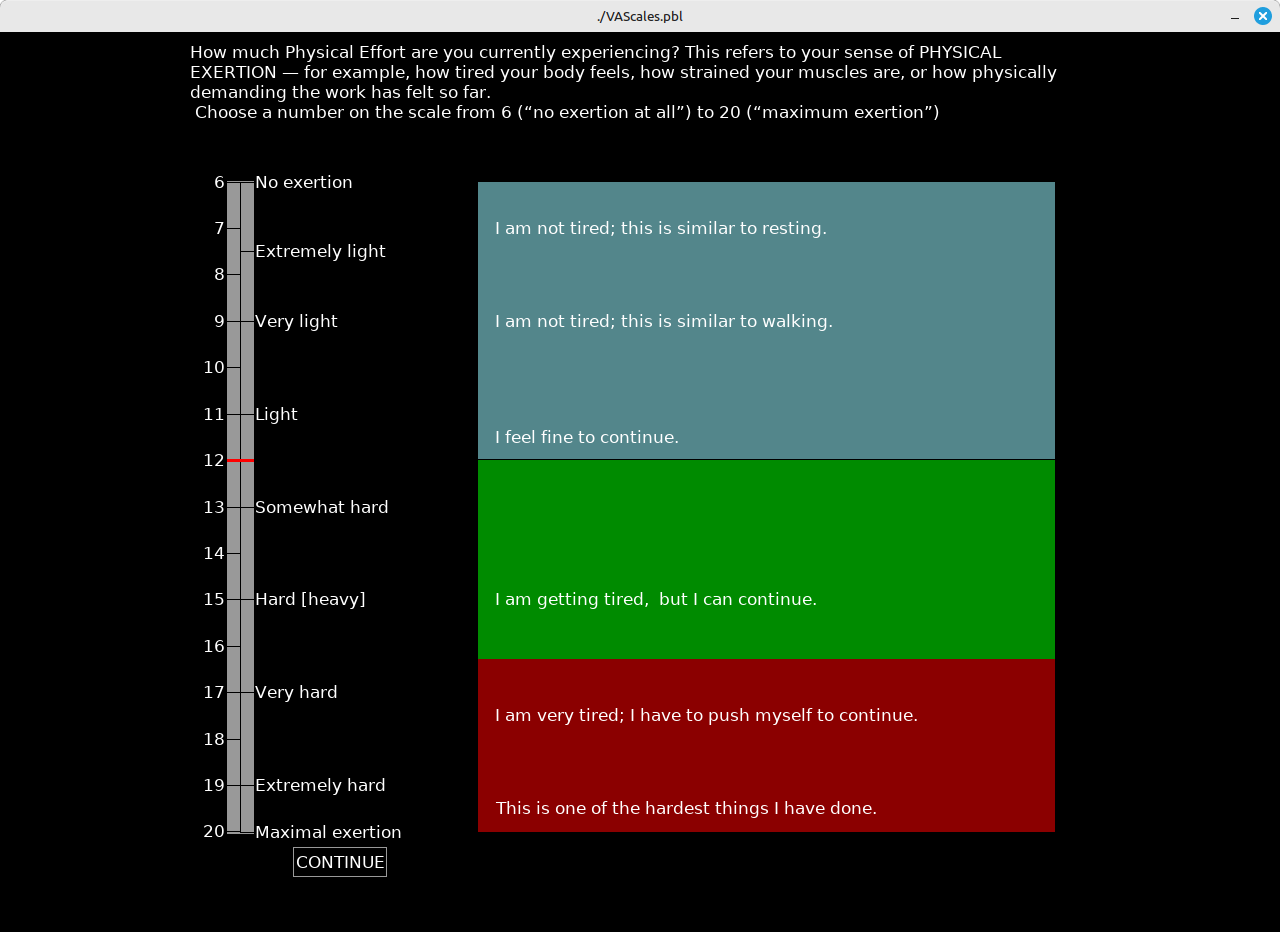 Visual Analog Scales (Comfort & Exertion) screenshot