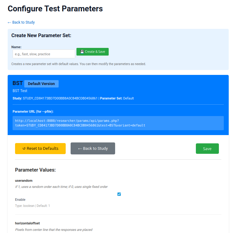 Parameter configuration page showing test name, parameter list, and save button