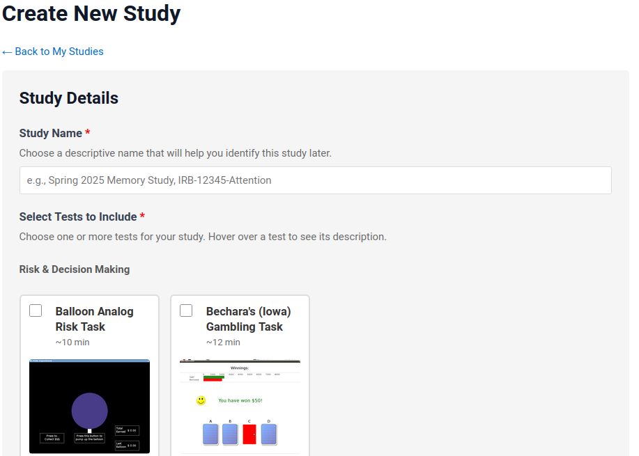 Create study form showing fields for study name, expiration date, and max participants