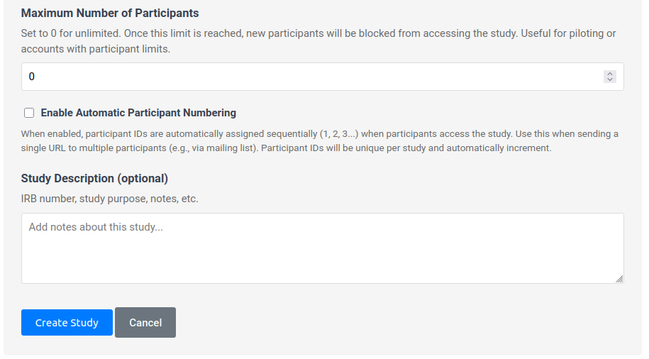 Bottom section of create study form showing max participants, automatic numbering, and description fields