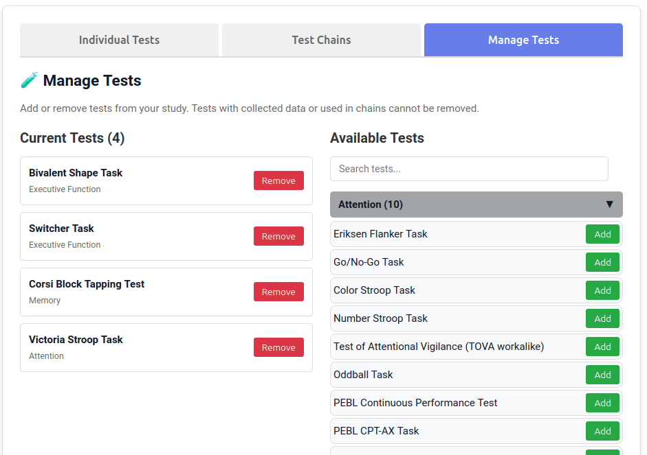 Manage Tests tab showing current tests and available tests to add