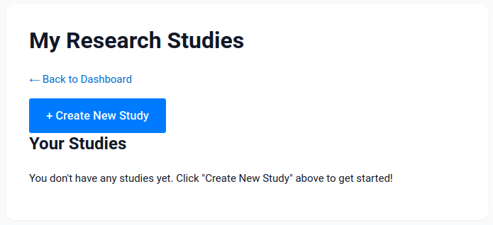 My Research Studies page with Create New Study button highlighted