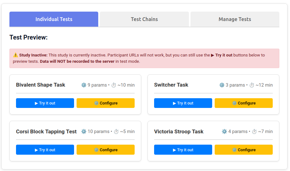 Individual Tests tab showing test cards with parameter counts and estimated durations