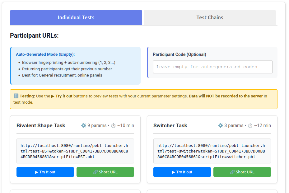 Test row showing production URL, participant code field, Short URL button, Configure button, and Try it out button